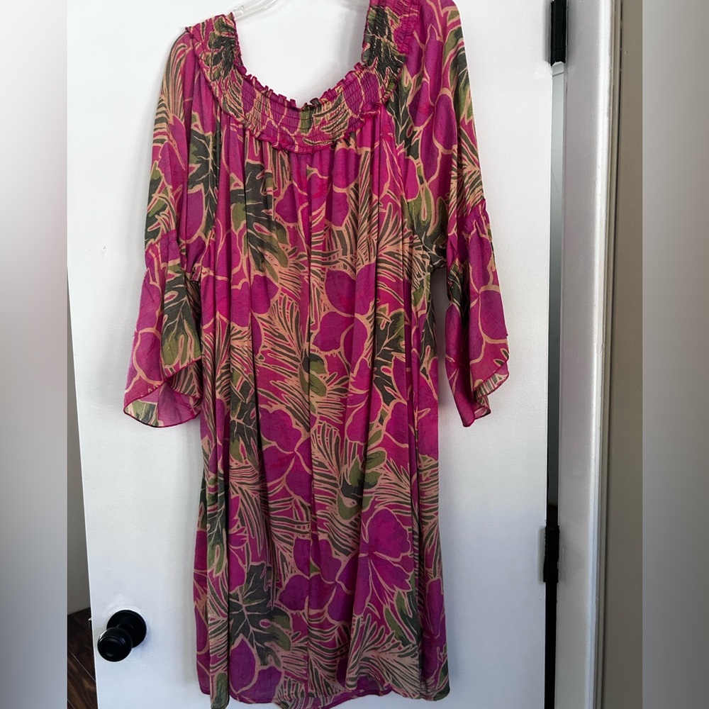 Mlle Gabrielle Magenta Floral Midi Dress with Green Leaves